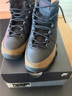 Jordan Kids Olive and Black High-Top Sneakers with Red Accent